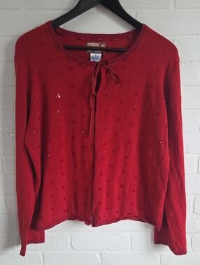 April Cornell Red Sequin Tie-Front Knit Cardigan